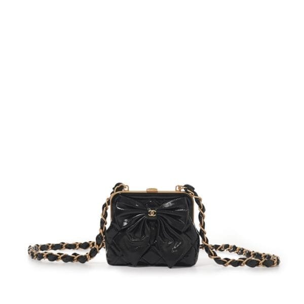 Black Quilted Shiny Lambskin Ribbon Clutch With Chain Brushed Gold Hardware, 2024