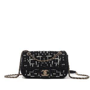 Black Quilted Tweed and Imitation Pearl Mini Flap Bag Gold Hardware, 2018