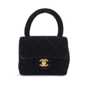 Black Quilted Velvet CC Top Handle Mini Kelly Bag Gold Hardware, 1991-1994