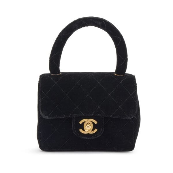 Black Quilted Velvet CC Top Handle Mini Kelly Bag Gold Hardware, 1991-1994