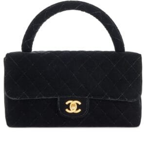 Black Quilted Velvet Medium Top Handle Flap Bag Gold Hardware, 1991-1994