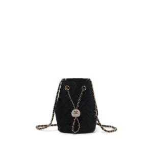 Black Quilted Velvet Pearl Crush Drawstring Bucket Bag Crystal and Pale Gold Hardware, 2021