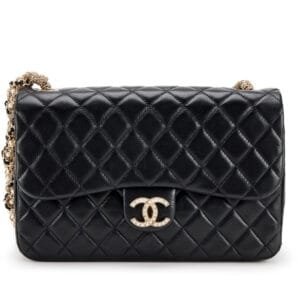 Black Quilted Westminster Embellished Imitation Pearl Chain Medium Flap Bag Gold Hardware, 2015