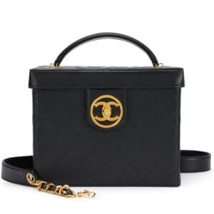 Black Quited Lambskin Large Circle CC Vanity Case Gold Hardware, 1994-1996