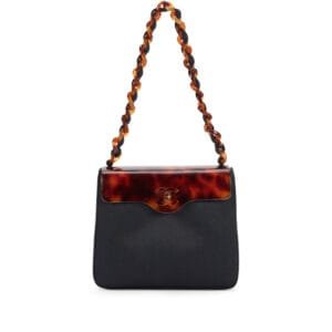 Black Satin CC Mini Flap Evening Bag Tortoiseshell Bakelite Hardware, 1999
