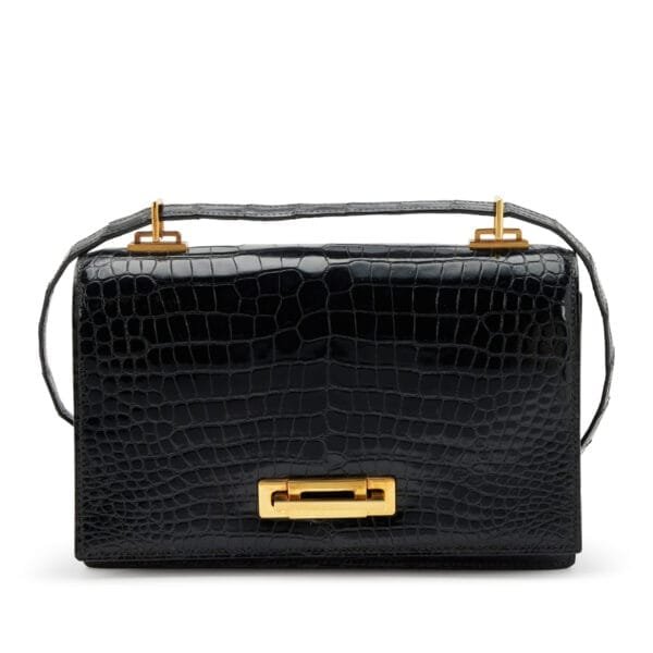 Black Shiny Porosus Crocodile Sac Quito II Gold Hardware