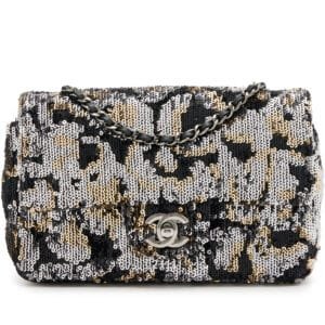 Black, Silver and Gold Sequin, and Black Lambskin Mini Rectangular Classic Single Flap Bag Ruthenium Hardware, 2022