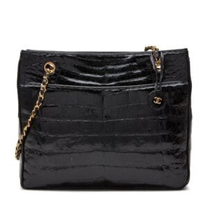 Black Timeless Pocket Shopper Tote in Shiny Crocodile with Gold Hardware, 1986-1989