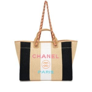 Black, White and Beige Striped Raffia Large Deauville Tote Pale Gold Hardware, 2020