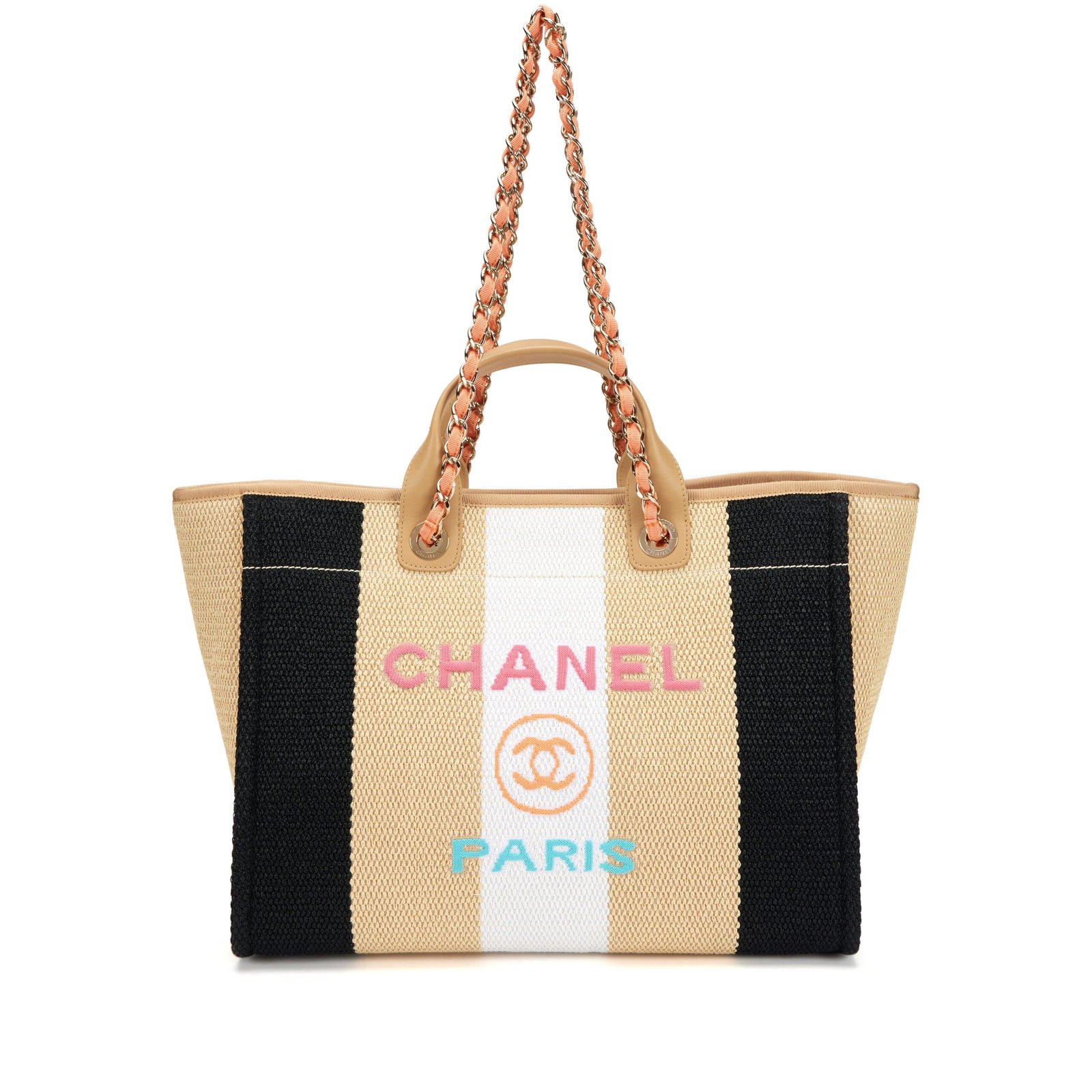 Black, White and Beige Striped Raffia Large Deauville Tote Pale Gold Hardware, 2020