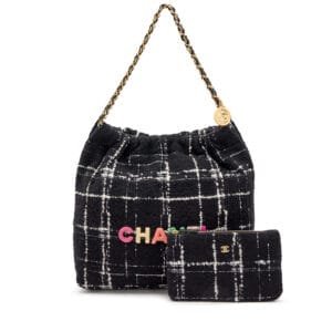 Black, White, and Rainbow Quilted Wool Tweed 22 Tote Aged Gold Hardware, 2022