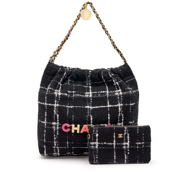 Black, White, and Rainbow Quilted Wool Tweed 22 Tote Aged Gold Hardware, 2022
