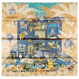 Bleu, Beige and Jaune, Les Douze Leopards Double Face Silk Scarf 90