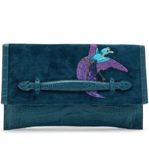 Bleu Colvert Matte Crocodile and Doblis Multicolor Embroidered Pliplat Clutch, 2015