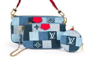 Blue and Red Damier Monogram Denim Patchwork Multi Pochette Accesoires Gold Hardware, 2019