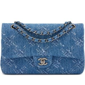 Blue Bleached Chain Printed Denim Medium Classic Double Flap Ruthenium Hardware, 2019