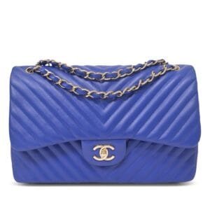 Blue Chevron Lambskin Jumbo Timeless Classic Double Flap Pale Gold Hardware