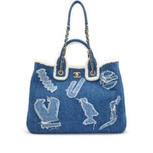 Blue Denim, White Shearling Paris-New York Hieroglyph Coco Tote Gold Hardware, 2019