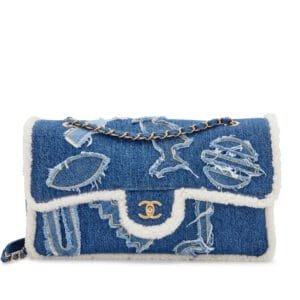 Blue Denim, White Shearling Paris-New York Hieroglyph Maxi Flap Bag Gold Hardware, 2019