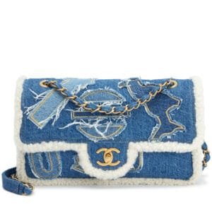 Blue Denim, White Shearling Paris-New York Hieroglyph Maxi Flap Bag Gold Hardware, 2019