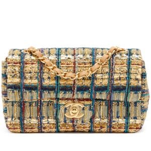 Blue, Green, Metallic Gold and Black Multicolor Quilted Ancient Egyptian Tweed Rectangular Mini Classic Flap Gold Hardware, 2019