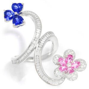 Blue & Pink Sapphire Flower Bypass Ring with Diamonds 18K