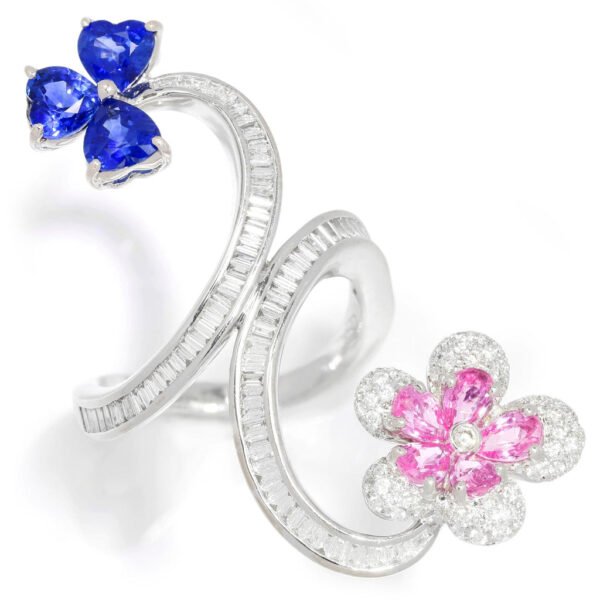 Blue & Pink Sapphire Flower Bypass Ring with Diamonds 18K