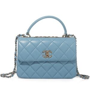 Blue Quilted Lambskin Trendy CC Top Handle Flap Bag Pale Gold Hardware, 2022