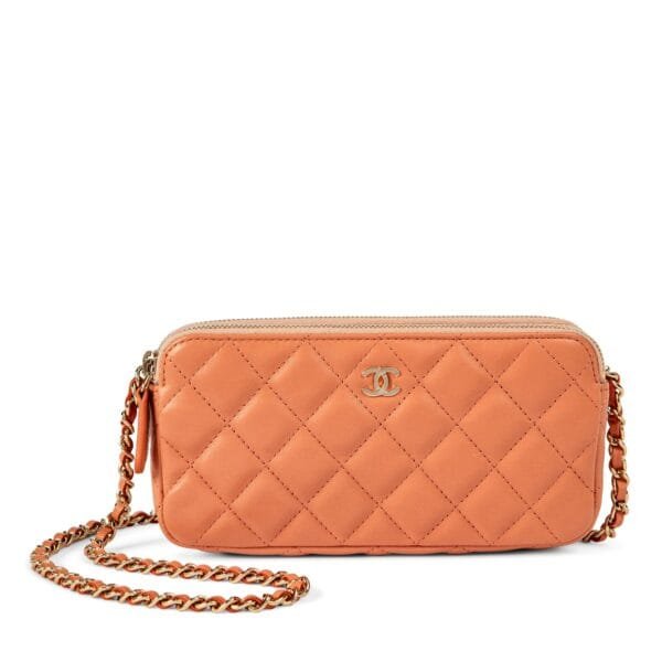 Blush Quilted Lambskin Double Zip Clutch with Chain Gold Hardware, 2018
