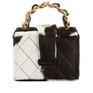 Brown and White Cow Print Quilted Pony Hair Mini Square Vanity Case Bag Antique Gold Hardware, 1994-1996