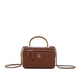 Brown and Yellow Quilted Lambskin Top Handle Long Vanity Case Pale Gold Hardware