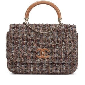 Brown, Burgundy, Blue and Grey Tweed Small Wood Knock On Wood Top Handle Bag Gold Hardware, 2018