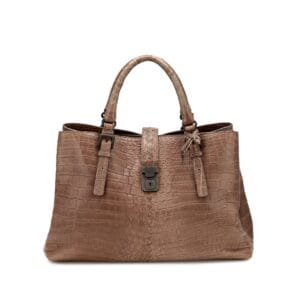 Brown Matte Crocodile Medium Roma Bag Ruthenium Hardware