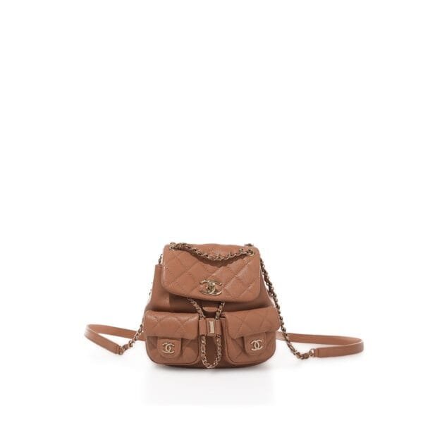 Brown Quilted Caviar Small Backpack Pale Gold Hardware