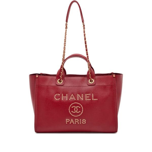 Burgundy Caviar Studded Medium Deauville Tote Aged Gold Hardware, 2018-2019