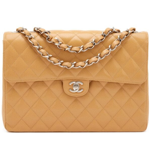 Camel Beige Quilted Caviar Square Classic Jumbo Flap Silver Hardware, 2003-2004