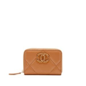 Caramel Quilted Lambskin 19 Zip Around Card Holder Wallet Gold Hardware, 2022