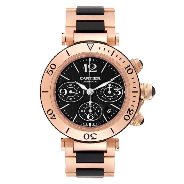 Cartier Pasha Seatimer (Reference W301980M). A rose gold automatic wristwatch with date and chronograph.