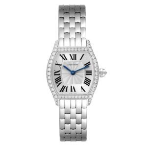 Cartier Tortue (Reference WA501011), a white gold diamond-set manual wind wristwatch.