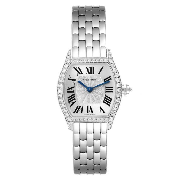 Cartier Tortue (Reference WA501011), a white gold diamond-set manual wind wristwatch.