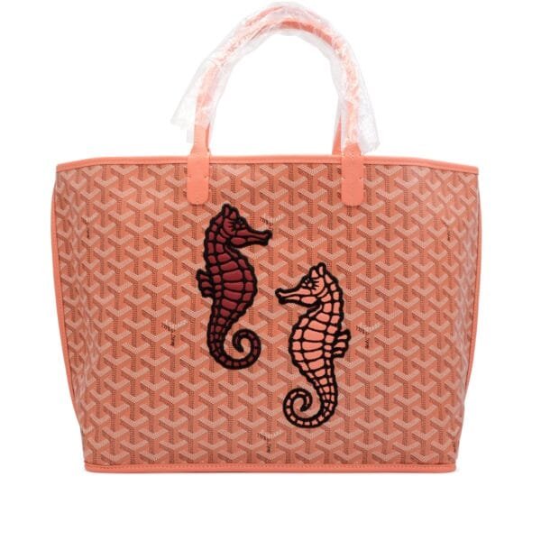 Coral Goyardine Canvas and Chevroches Calfskin Seahorse Embroidery Anjou PM Tote