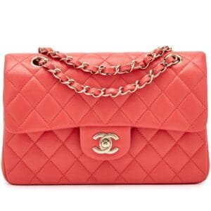Coral Pink Quilted Caviar Small Classic Double Flap Light Gold Hardware, 2021