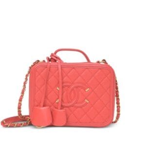 Coral Quilted Caviar CC Filigree Vanity Case Brushed Gold Hardware, 2019