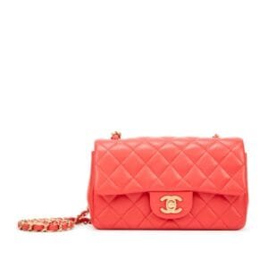 Coral Quilted Lambskin Mini Rectangular Classic Single Flap Bag Gold Hardware, 2019