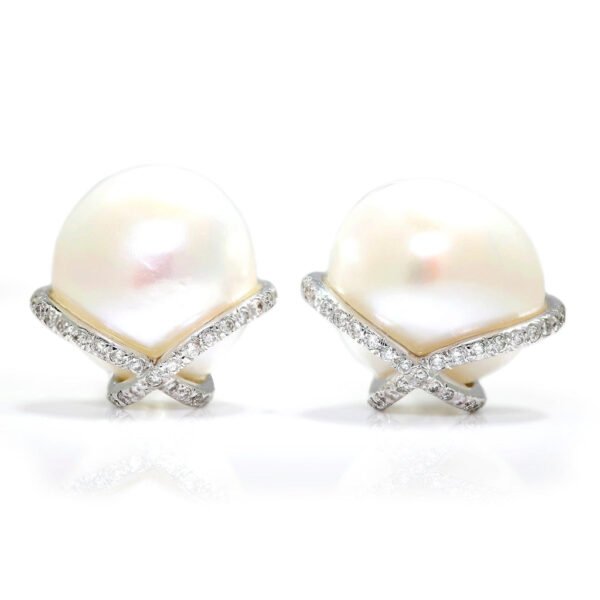 Cultured White Pearl Diamond Cross Earrings 18K White Gold