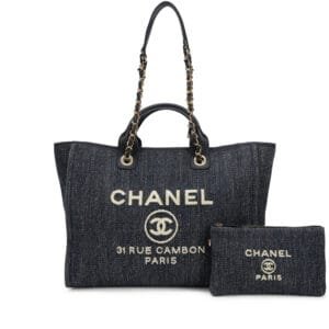Dark Blue and White Denim Medium Deauville Tote with Pouch Light Gold Hardware, 2022
