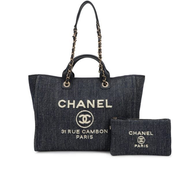 Dark Blue and White Denim Medium Deauville Tote with Pouch Light Gold Hardware, 2022