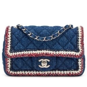 Dark Blue Quilted Denim Multicolor Tweed Braided Mini Rectangular Classic Single Flap Bag Silver Hardware, 2018