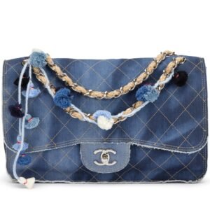 Dark Blue Quilted Denim Paris-Dubai Pom-Pom Jumbo Flap Bag Silver Hardware, 2015
