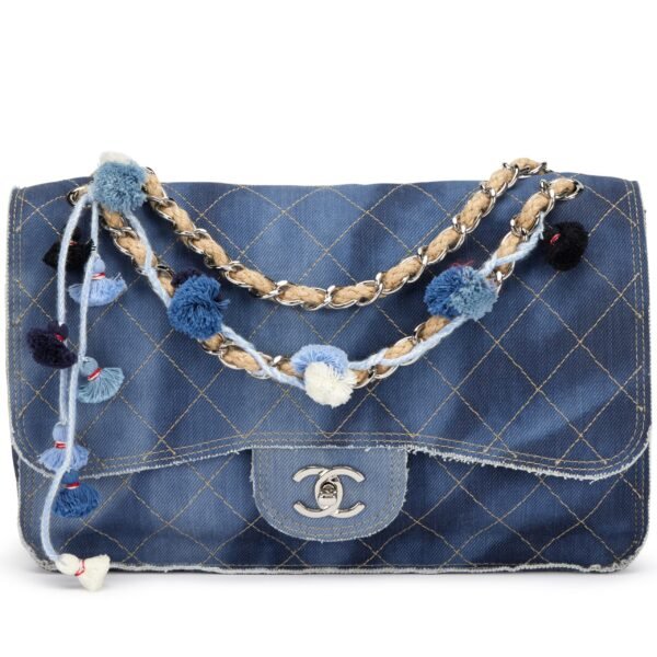 Dark Blue Quilted Denim Paris-Dubai Pom-Pom Jumbo Flap Bag Silver Hardware, 2015